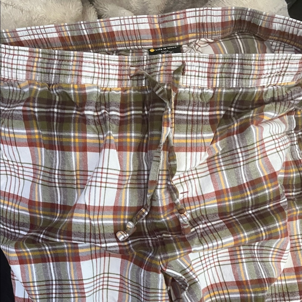 Life is Good Plaid Drawstring Pajama Pants - White, Olive, Rust